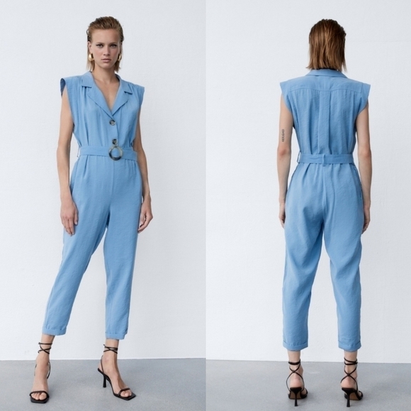 New Zara Soft Belted Blue Jumpsuit NWT Size Small - Picture 1 of 12